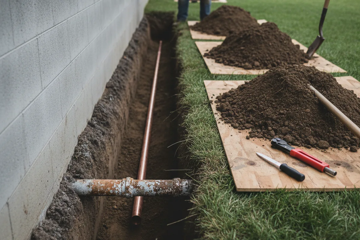 Excavated water line trench during Water Softener Installation in Hollytree